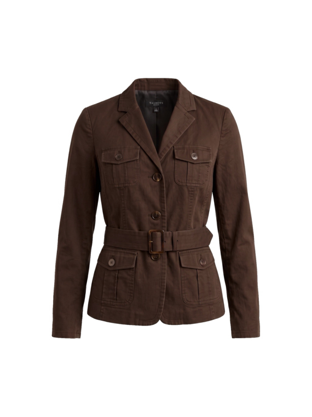 Talbots Utility Jacket Brown Notch Lapel Belted Waist Button Front Women 6